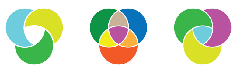 Modern isolated Venn diagram icons set on white background. Infographics vector flat diagram set on white page. EPS 10. 