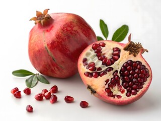 Fresh ripe pomegranate whole and halved with arils and leaves on white background
