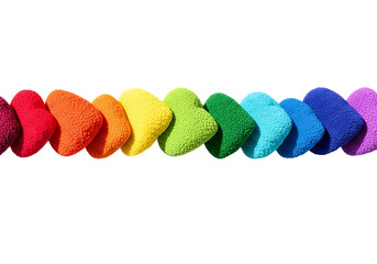 Colorful Knitted Hearts in a Row on White Background.