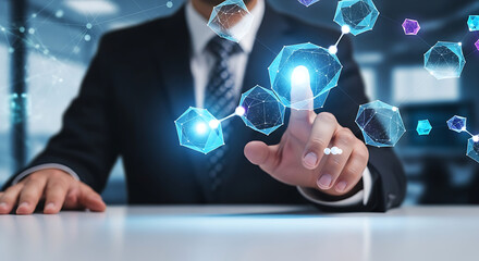Businessman interacting with digital network of connected polygons in a modern office space