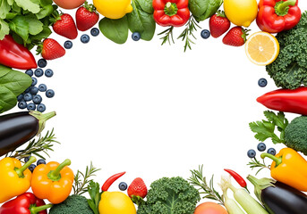 Colorful Fruit and Vegetable Frame on White Background.