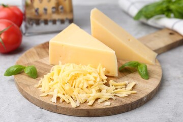 Grated and pieces of cheese on light table, closeup