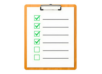 Clipboard with a completed checklist and empty lines isolated on transparent background