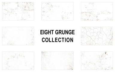 Eight grunge dust and scratch texture bundle. Vector illustration.