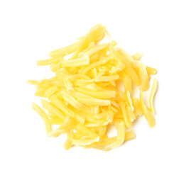 Pile of grated cheese isolated on white, top view