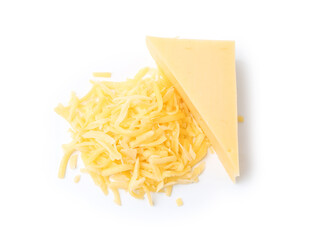 Grated and piece of cheese isolated on white, top view