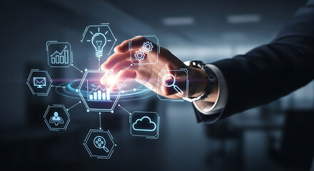 A hand interacting with digital interface icons representing business and technology solutions