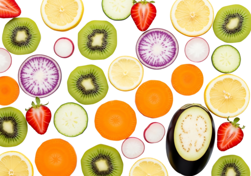 Colorful Fruit and Vegetable Slices Flat Lay.