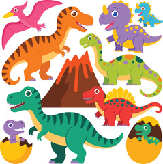 Cartoon Dinosaurs and Volcano with Baby Hatching from Eggs Vector Illustration