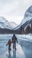 A child learning to skate on a frozen lake with a parent holding their hand, set against a backdrop of snow-covered mountains, vertical