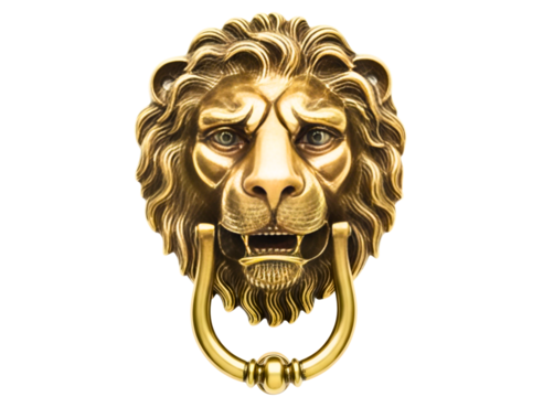 Ornate golden lion head door knocker isolated on transparent background
