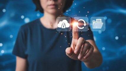 Person interacting with cloud computing interface for secure file sharing