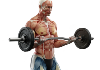 Anatomical muscular man lifting barbell isolated on transparent background