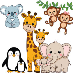 Cute Cartoon Animal Set with Koala Giraffe Monkeys Penguin Elephant Characters