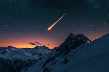 A fiery shooting star over a snow-covered mountain peak  