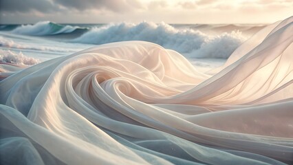 Dreamy ethereal fabric flowing over ocean waves with soft pastel colors and golden light