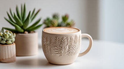 Creamy latte features intricate leaf design resting next to lush greenery in cozy setting.
