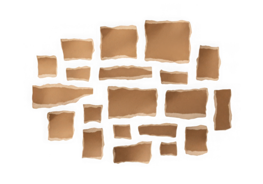 Collection of torn brown paper pieces rough edges, isolated on transparent background