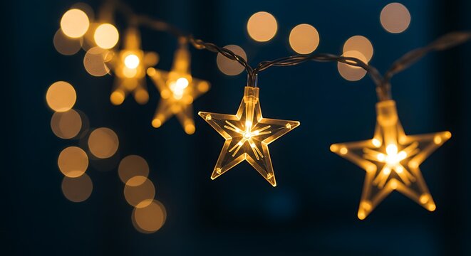 Closeup of glowing starshaped string lights against a dark, bokeh background