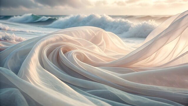 Dreamy ethereal fabric flowing over ocean waves with soft pastel colors and golden light - Powered by Adobe