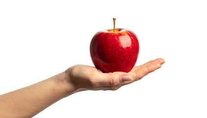 A hand holding a vibrant red apple, symbolizing health and nourishment. The apple rests gently on the outstretched palm