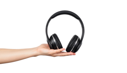 A hand holding a black headphones against a plain backdrop. The headphones look modern and comfortable, suggesting a focus on audio and entertainment.