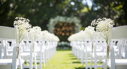 Aisle of white chairs decorated with babys breath leading to a floral archway at an outdoor wedding ceremony on a sunny day, creating a romantic and elegant atmosphere
