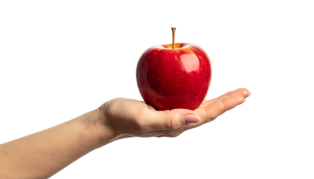 A hand holding a vibrant red apple, symbolizing health and nourishment. The apple rests gently on the outstretched palm