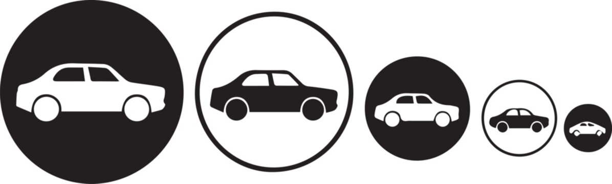 progressive vehicle size comparison icons set, minimal car silhouettes shrinking left to right, scalable vector for ui