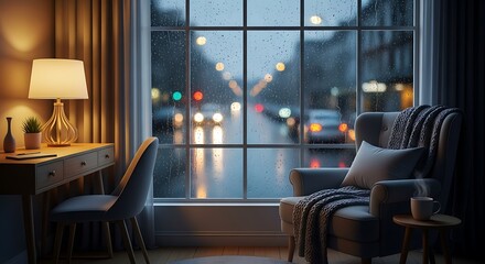 Cozy armchair and desk by a window overlooking a rainy city street at dusk with blurred lights