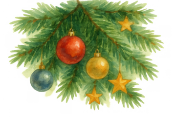 Christmas tree branch decorating with watercolor ornaments and golden stars on transparent background
