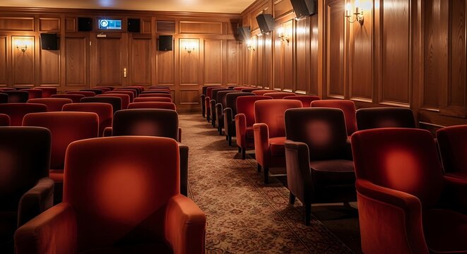 Empty vintage cinema theater with plush red seats and wood paneled walls ready for a movie screening - Powered by Adobe