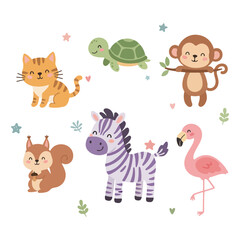 Cute cartoon animals : cat, turtle, monkey, squirrel, zebra, and flamingo with small stars and leaves.