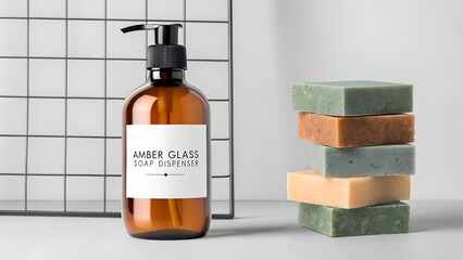 Amber glass dispenser bottle with blank label next to stack of artisanal handmade soap bars on a white surface with grid background