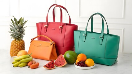 Vibrant tote bags and fresh tropical fruits arranged artfully on a light background