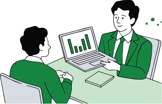 teamwork data explanation on laptop bar chart presentation meeting corporate training analytics vector flat design
