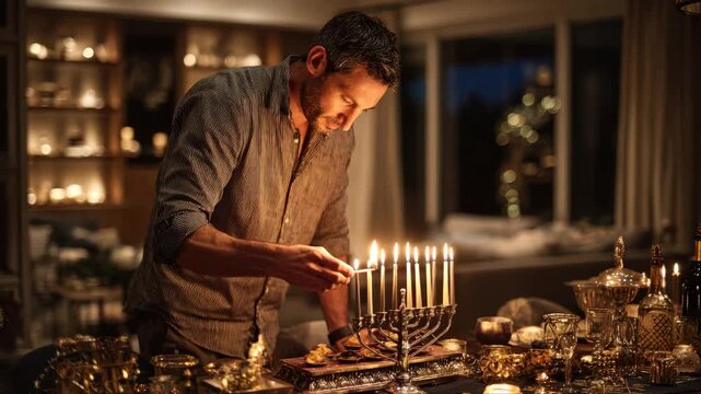 Man in casual shirt carefully places a candle on a menorah during a festive gathering, showcasing warm ambiance and intricate table decor, camera zooms in on the action