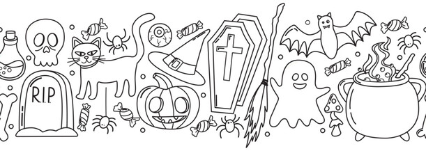 Seamless border with Halloween elements in  doodle style. Horizontal pattern with ghost, bat, spiders, cat, potion, skull, candies, bone, cauldron, eye