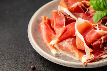 jamon serrano meat appetizer jamon iberico natural product tasty snack fresh delicious gourmet food background on the table rustic top view copy space