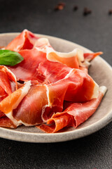 jamon serrano meat appetizer jamon iberico natural product tasty snack fresh delicious gourmet food background on the table rustic top view copy space