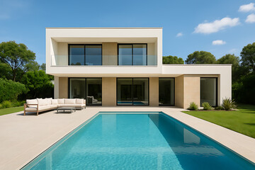 Fototapeta premium Beautiful modern villa exterior with swimming pool. 