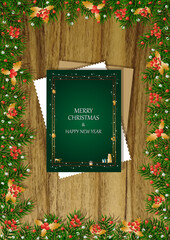 A wooden vertical surface decorated with Christmas decorations, a holiday card lies on the table, creating a warm festive atmosphere