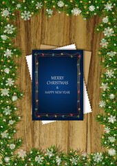 A wooden vertical surface decorated with Christmas decorations, a holiday card lies on the table, creating a warm festive atmosphere