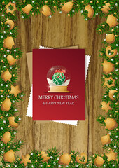 A wooden vertical surface decorated with Christmas decorations, a holiday card lies on the table, creating a warm festive atmosphere