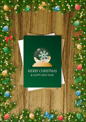 A wooden vertical surface decorated with Christmas decorations, a holiday card lies on the table, creating a warm festive atmosphere