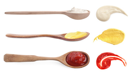 Mustard, mayonnaise and ketchup on white background, set