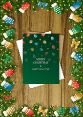 A wooden vertical surface decorated with Christmas decorations, a holiday card lies on the table, creating a warm festive atmosphere