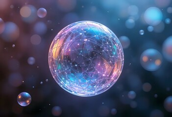 Network sphere background with glowing filaments inside transparent bubble.