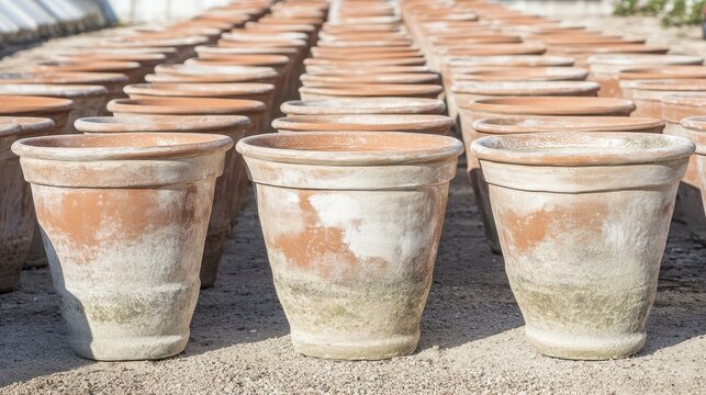 Rows of empty terracotta pots aligned in outdoor garden setting