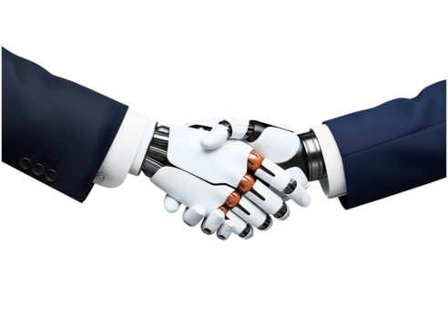 Human hand and robot hand shaking hands isolated on transparent background